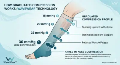 Diagram showing how graduated compression pressure works from ankle to knee in compression socks for marathon running