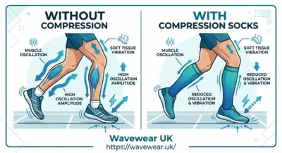Graphic showing how compression socks reduce muscle oscillation and soft tissue vibration during marathon running