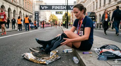Marathon runner wearing compression socks for post-race recovery after crossing the finish line