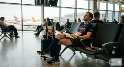 Runner wearing compression socks during flight travel to a marathon race event