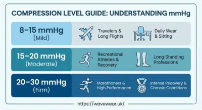 Compression level guide showing 8-15 mmHg mild, 15-20 mmHg moderate, and 20-30 mmHg firm compression