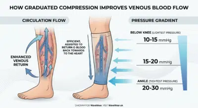 Diagram showing how graduated compression in a calf sleeve improves venous blood flow