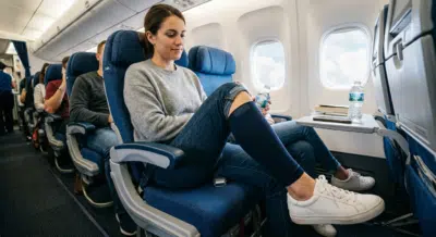 Person wearing calf compression sleeves while travelling on a long-haul flight